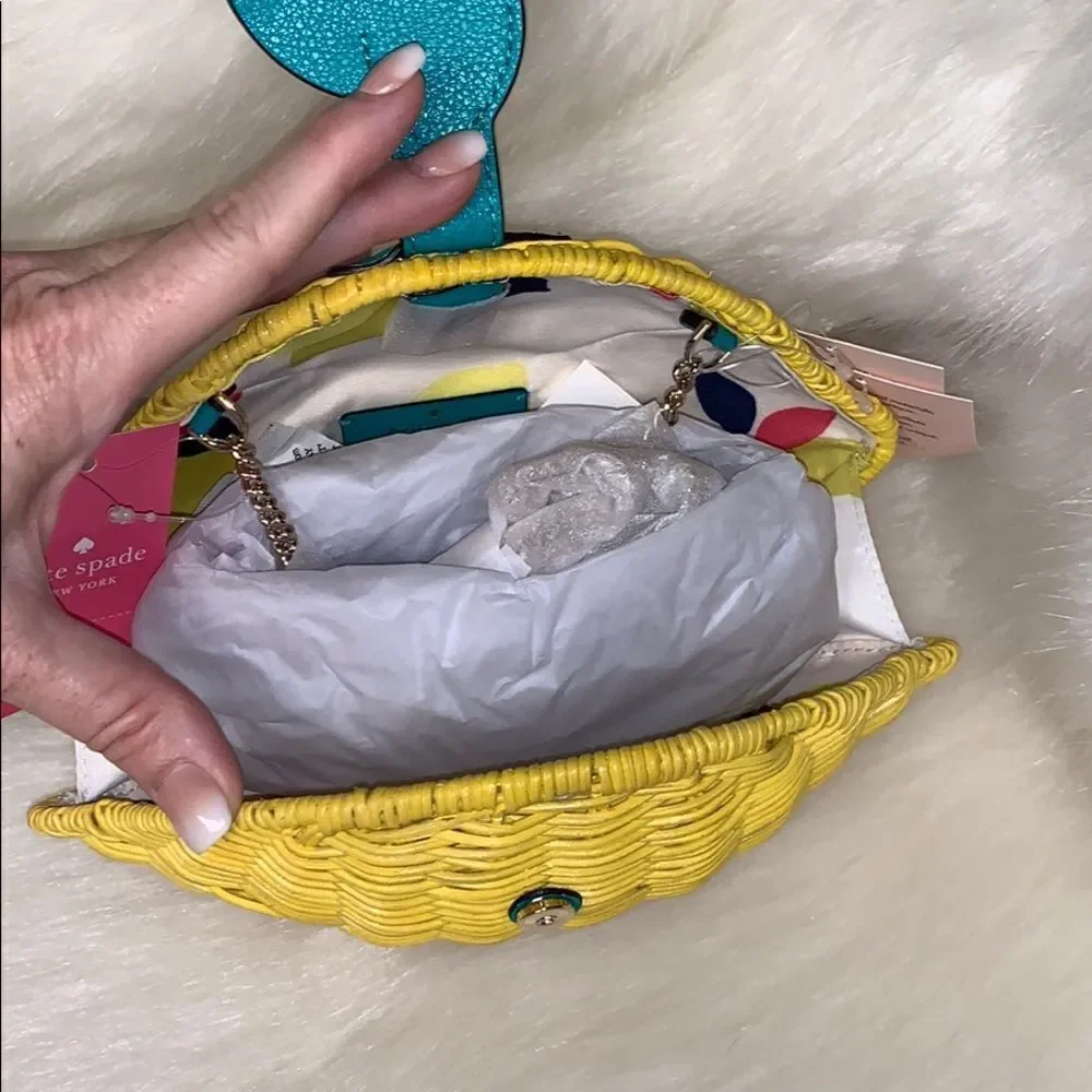 YELLOW AND GREEN KATE SPADE PICNIC PERFECT LEMON WICKER CROSSBODY BAG SUMMER - Picture 9 of 15